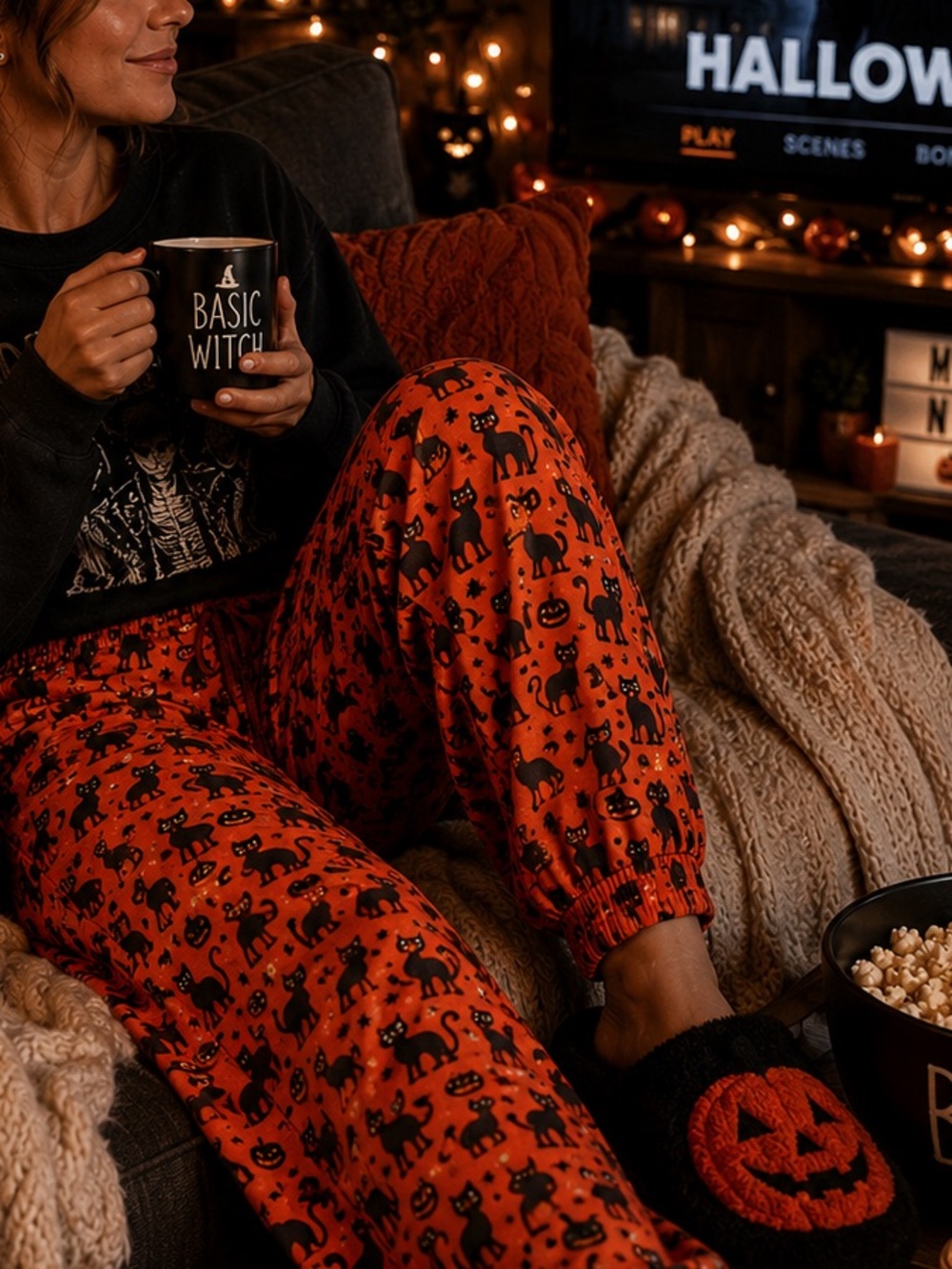 Women's XL Orange Halloween Cat Print Pajama Pants